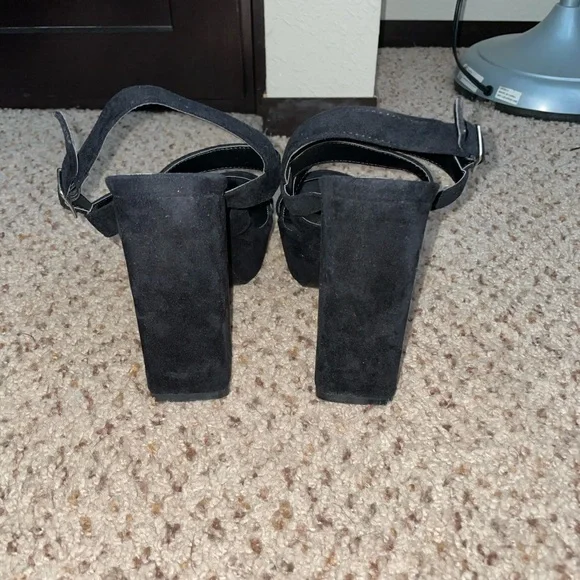 Platform Block Heel Pumps Slingback Black Skyscraper Heels Buckle Open Toe 7.5 - Picture 4 of 6